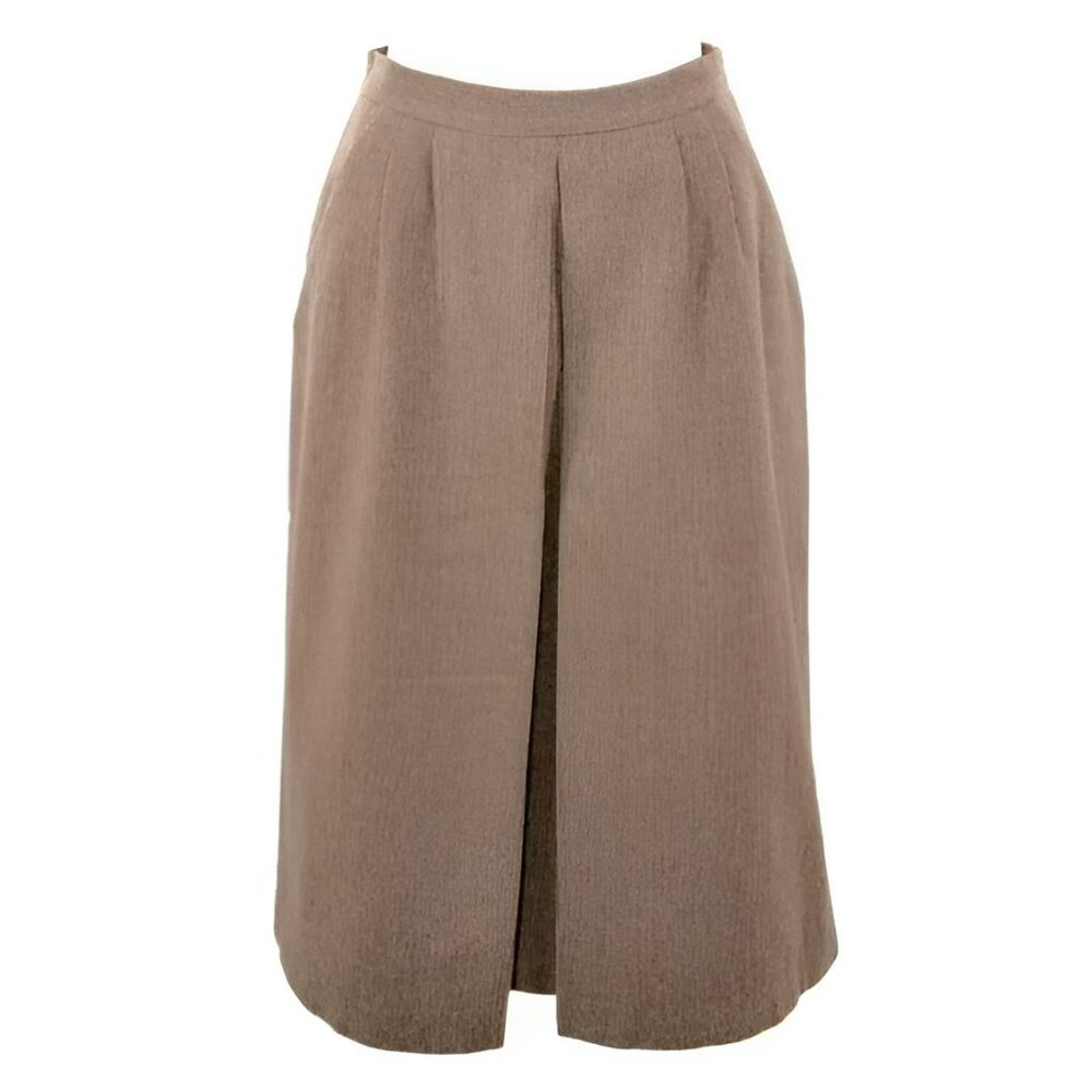 Vintage 90's Brown Tan Tweed Check Pleated Full A-Line Italian Wool Skirt 4/6 S